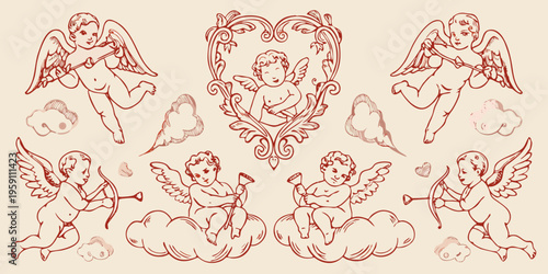 Vintage illustration of cherubic angels with bows and arrows and ornate frames