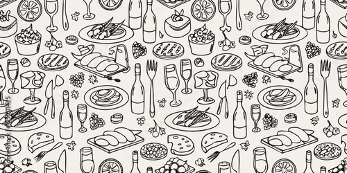 Detailed black and white pattern of various food and drink items
