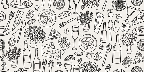 A detailed black and white pattern of food flowers and dining elements