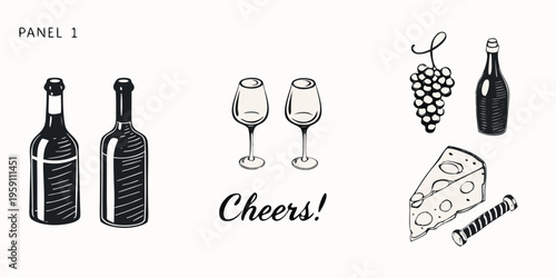 A vintage style illustration of wine bottles glasses cheese and grapes