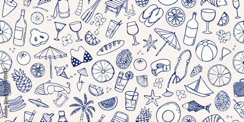 A whimsical hand drawn pattern of summer items and beachside delights
