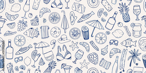 A charming repeating pattern featuring summer and vacation themed doodles