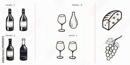 Line drawing illustration featuring wine bottles glasses cheese and grapes