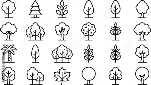 A set of tree silhouettes and line art designs in a vector illustration bundle for nature and landscape concepts