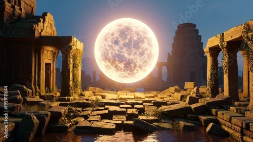 Mysterious glowing orb hovers over ancient ruins at twilight, ethereal light show.