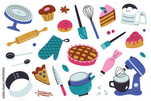Baking clipart set with mixer, whisks, pie molds, rolling pin, cake stand. Flat cartoon pastry bag, pie, cake slice, muffin, oven mitt, home cooking and confectionery vector illustrations