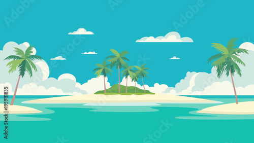 Seaside beach landscape. Sunny summer day, beautiful ocean view, paradise islands with sandy shores and palm trees. Vector illustration for beach vacations.