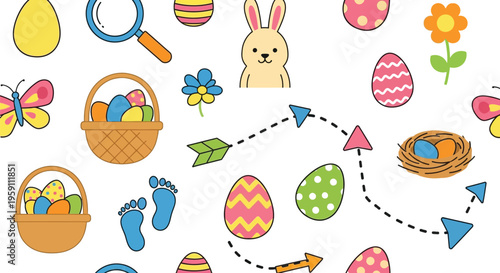Whimsical Easter egg hunt elements form a cheerful seamless vector graphic pattern, perfect for festive holiday designs and delightful spring decorations.