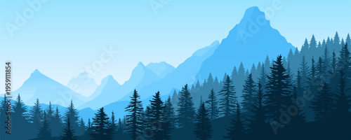 Beautiful mountain landscape. Panoramic morning view with silhouettes of forest, pine trees, and mountains at sunrise. Vector illustration for a forest hiking.
