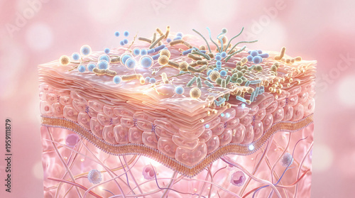 Healthy skin microbiome with diverse bacteria and fungi on human epidermis, showing balanced microorganisms, glowing complexion, and hydrated tissue in soft pink background