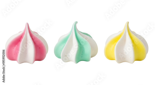 Meringue cookies in pink, green and yellow for baking and dessert design, isolated on white background