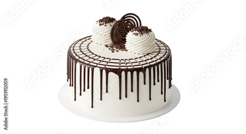 Delicious white chocolate cake with brown chocolate drizzle and frosting decorations, isolated on white background