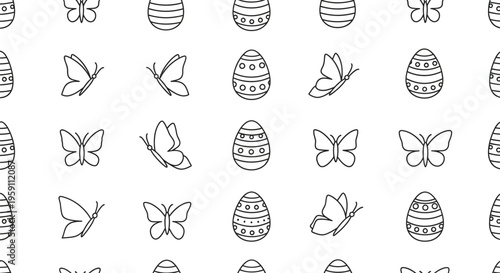 Seamless vector pattern illustration featuring alternating black outline icons of decorative Easter eggs and various stylized butterflies