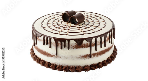 Chocolate cake with white frosting and chocolate drizzle, isolated on white background