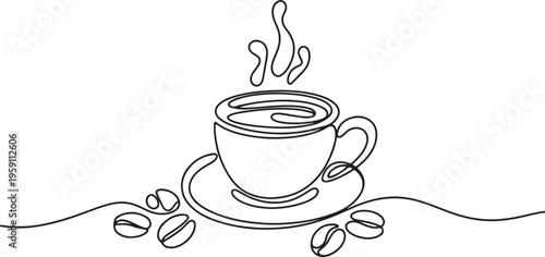 Coffee cup continuous line drawing with cup of coffee and coffee beans breakfast. One line draw graphic design vector
