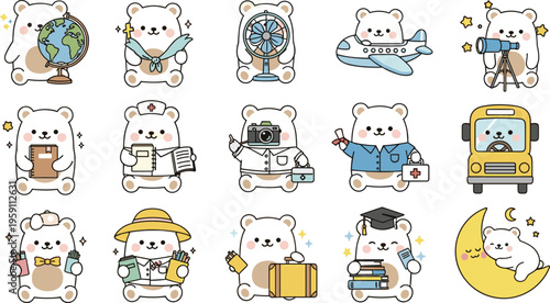 Cute teddy bear professions illustration kawaii cartoon characters collection