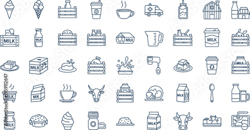 Dairy products line icons set milk cheese yogurt beverage farming outline vector illustration collection