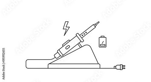 Soldering Iron on Stand with Power Symbol and Battery Icon, Outline Illustration