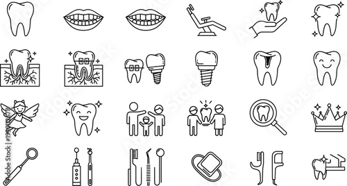Dental care line icons set dentist tools teeth hygiene orthodontic treatment outline illustration collection