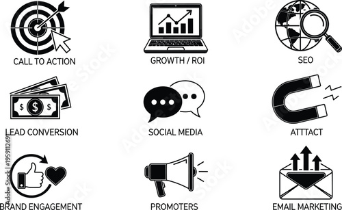 Digital marketing icons set including SEO growth ROI email branding conversion vector illustration collection