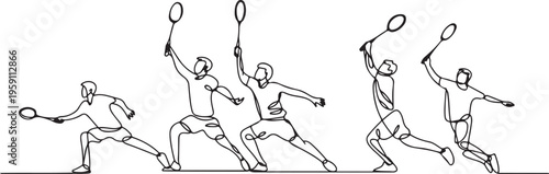 Continuous line drawing of badminton players who are playing. Badminton players sketch. Collection of sportsmen. Badminton player is playing with a racket. One line draw graphic design vector