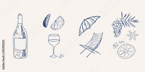 Hand drawn summer elements including wine beach chair and citrus fruits