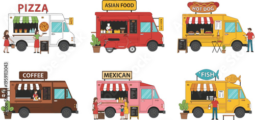 Food truck illustration set street vendor fastfood cafe cuisine collection