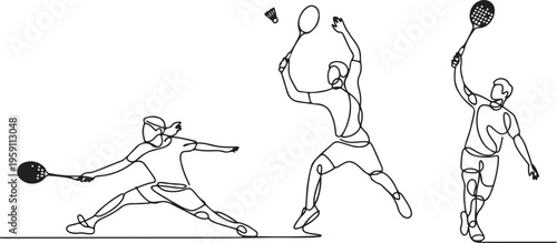 Continuous line drawing of badminton players who are playing. Badminton players sketch. Collection of sportsmen. Badminton player is playing with a racket. One line draw graphic design vector