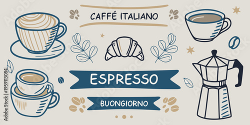 Italian coffee illustration featuring espresso cappuccino and a croissant
