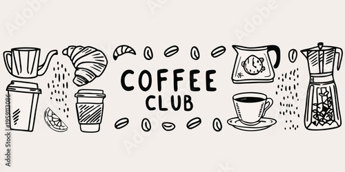 A hand drawn illustration of coffee pastries and related brewing items