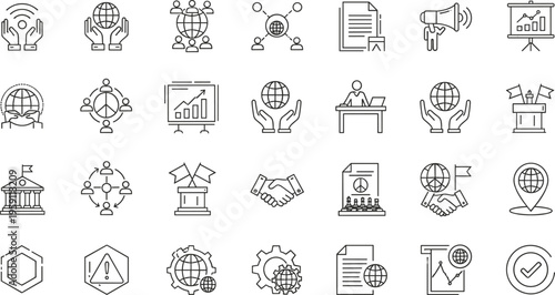 Global business line icons set communication networking strategy outline collection