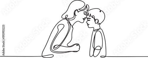 Continuous one line drawing Happy mother gives a kiss to her teenage son. Raising teens concept. One line draw graphic design vector