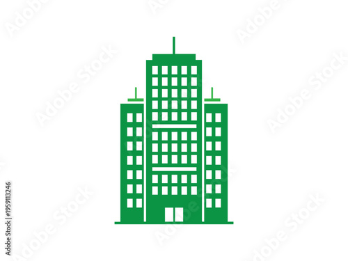Green symmetrical illustration of a large corporate headquarters building featuring tiered sections and many small square windows.