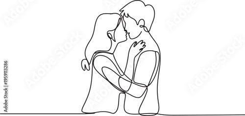 Continuous one line drawing Happy mother gives a kiss to her teenage son. Raising teens concept. One line draw graphic design vector