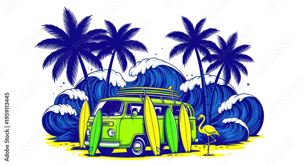 Obraz premium Retro Camper Van with Surfboards and Palm Trees on a Beach with Waves