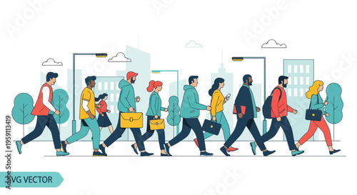 Diverse crowd walking in city street, business people commute, urban lifestyle illustration