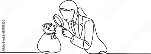 Continuous one line drawing of businesswoman looks down checking money bag with magnifier. Be careful to check and recalculate before making business payments. One line draw graphic design vector