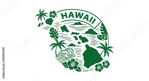 Hawaii Map Tropical Paradise Design with Palm Trees, Hibiscus Flowers, and Ocean Waves