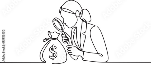 Continuous one line drawing of businesswoman looks down checking money bag with magnifier. Be careful to check and recalculate before making business payments. One line draw graphic design vector