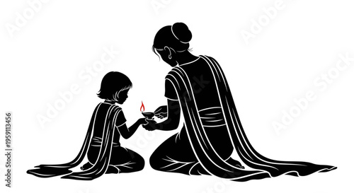 mother and daughter silhouette wearing traditional saree lighting a diya lamp