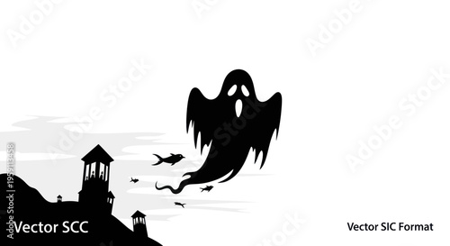 Spooky Ghost Flying Over Haunted House Silhouette, Halloween Night