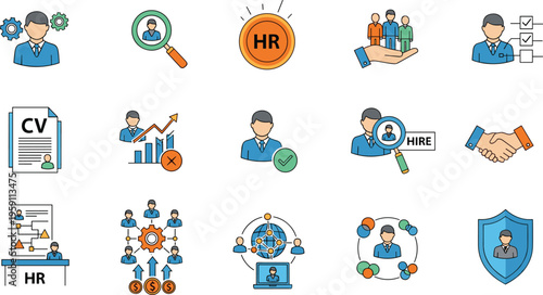 Human resources flat icons set recruitment hiring teamwork HR management CV interview onboarding vector