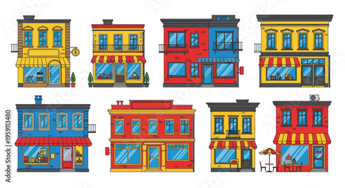 Vibrant City Street Scene with Diverse Buildings and Shops