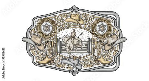 Western Rodeo Buckle with Bull Rider, Cowboy Hats, Boots, and Lasso Design