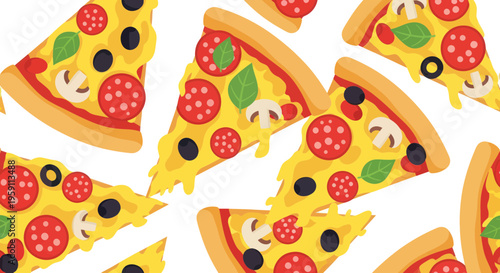 Pepperoni Pizza Slices Seamless Pattern, Italian Food Background