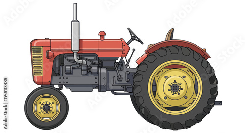 Vintage Red Tractor Isolated on White Background - Agricultural Vehicle