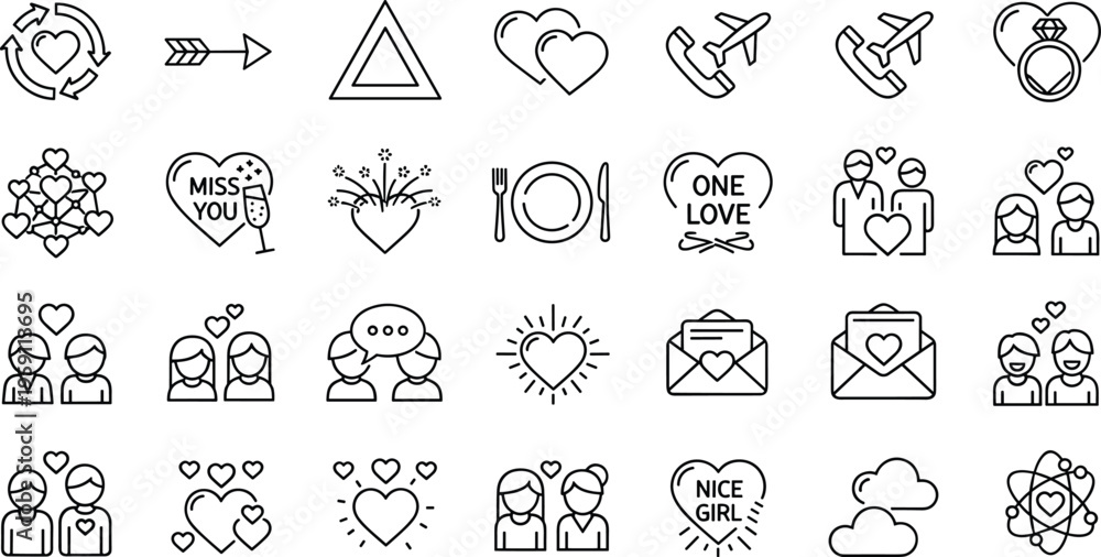 Fototapeta premium Love romance line icons set relationship wedding valentine heart communication outline collection