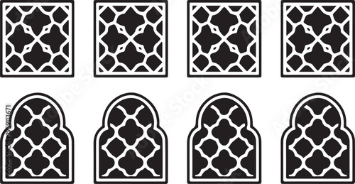 Set of islamic geometric patterns with square and arch shapes in black and white