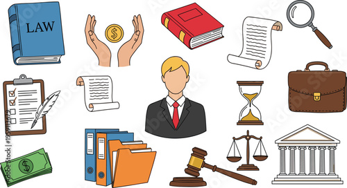 Law justice line illustration set legal profession court symbols collection