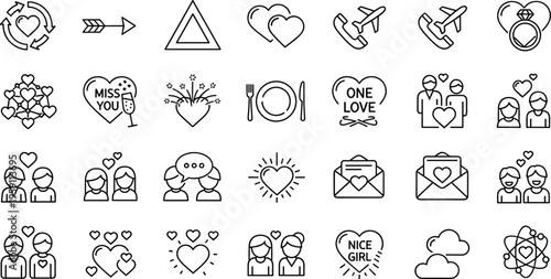 Love romance line icons set relationship wedding valentine heart communication outline collection